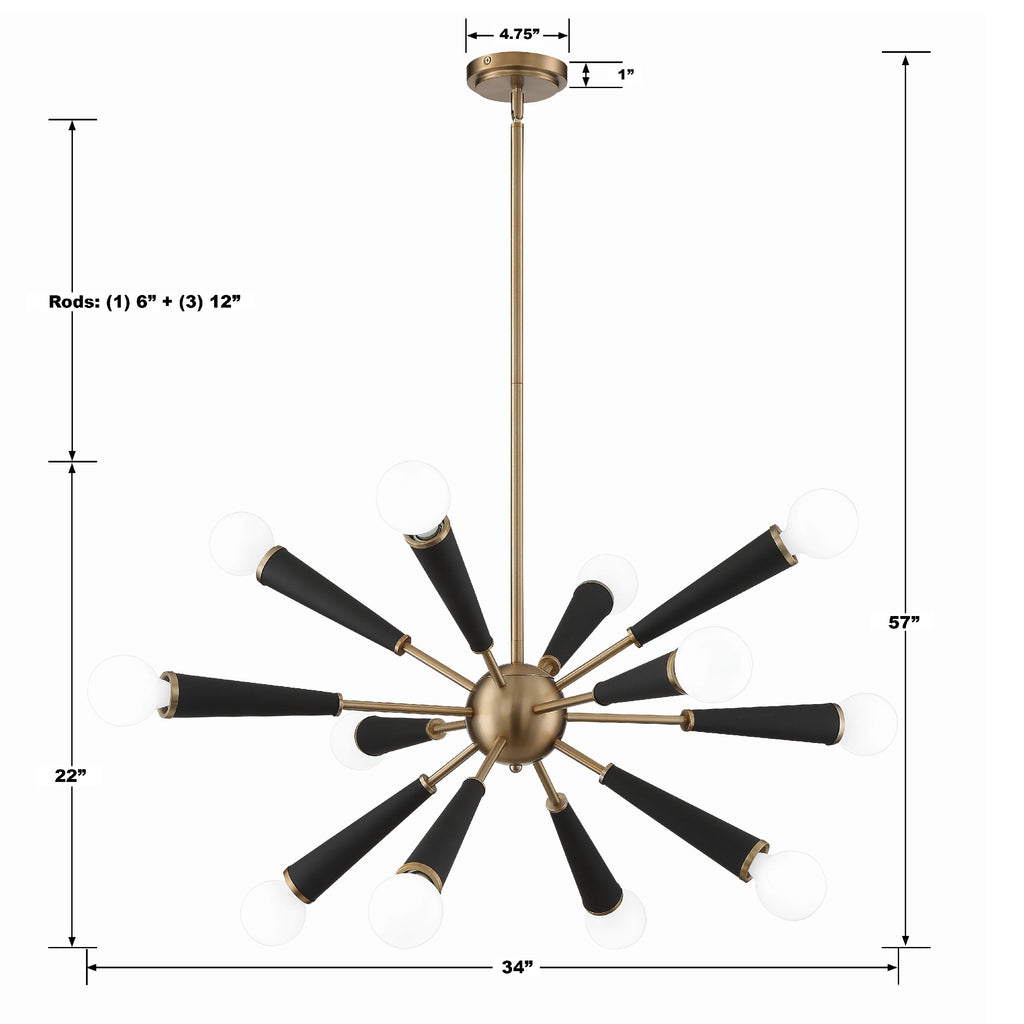 ##Antique Hardware## Zodiac 12 Light Aged Brass Chandelier