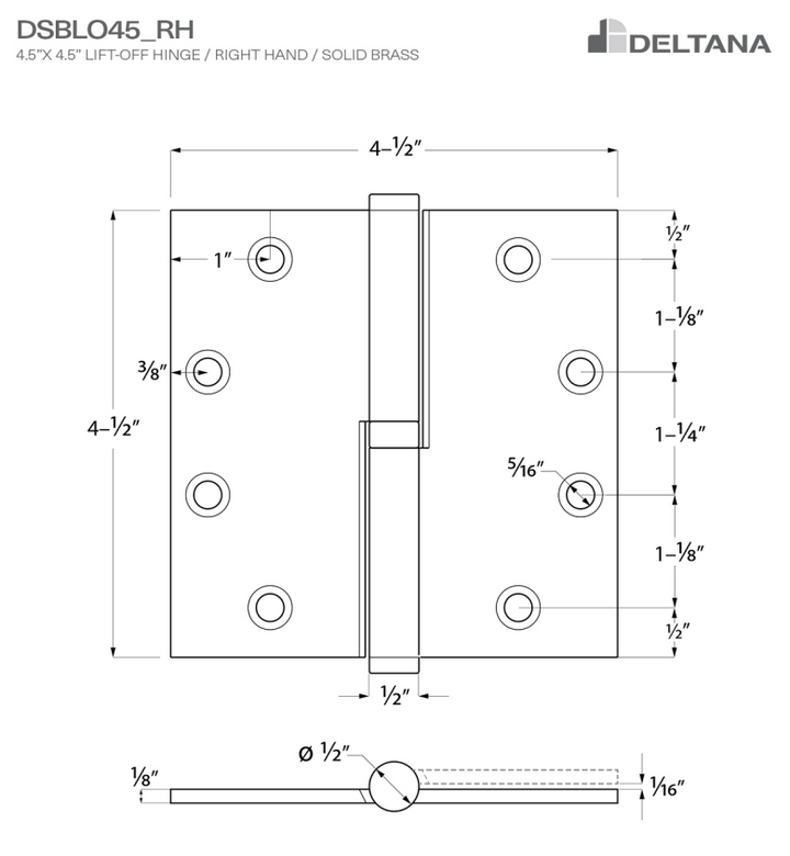 4 1/2 Inch x 4 1/2 Inch Solid Brass Lift-Off Hinge (Several Finishes Available)