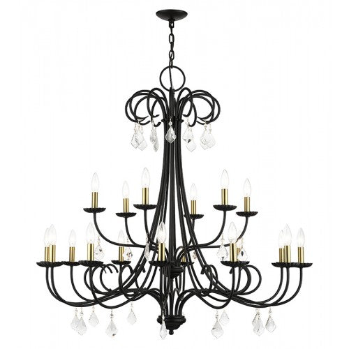 ##Antique Hardware## 18 Light Black Extra Large Chandelier with Antique Brass Finish Accents and Clear Crystals