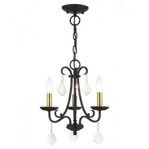 ##Antique Hardware## 3 Light Black Mini Chandelier with Antique Brass Finish Accents and Clear Crystals