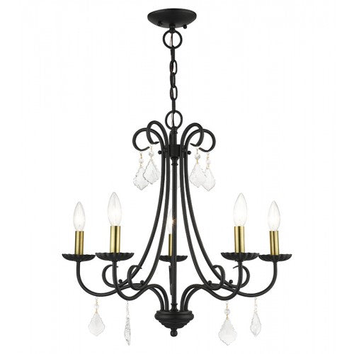 ##Antique Hardware## 5 Light Black Chandelier with Antique Brass Finish Accents and Clear Crystals