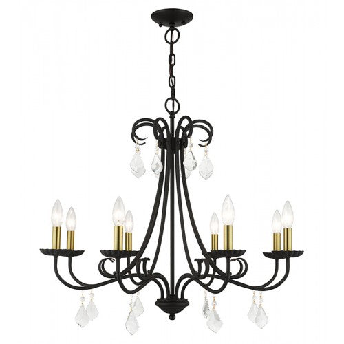 ##Antique Hardware## 8 Light Black Large Chandelier with Antique Brass Finish Accents and Clear Crystals