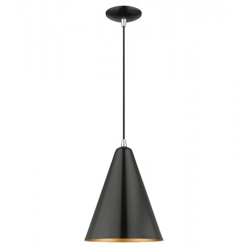 ##Antique Hardware## 1 Light Shiny Black Cone Pendant with Polished Chrome Accents