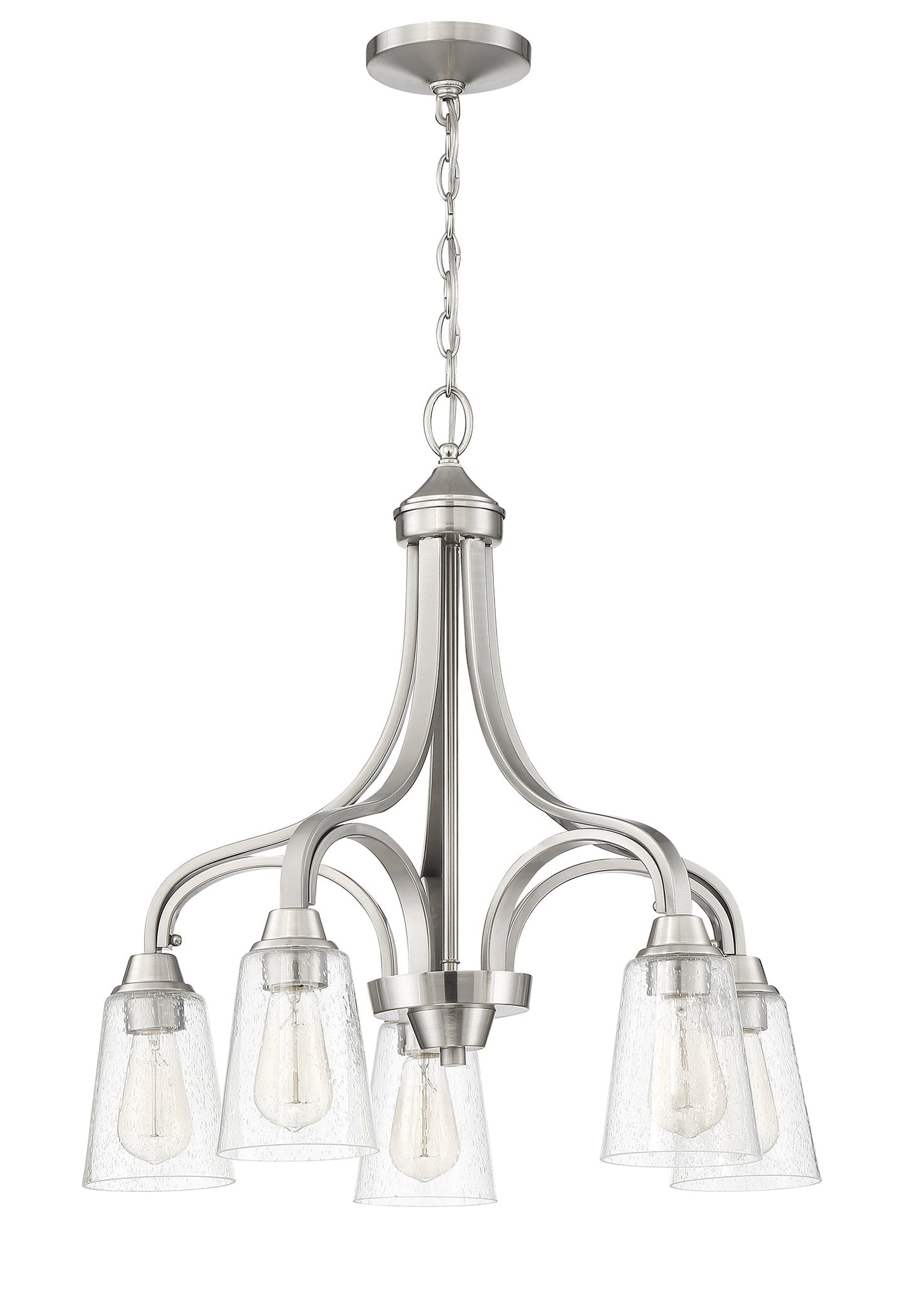 ##Antique Hardware## Grace 5 Light Down Chandelier in Brushed Polished Nickel (Clear Seeded Glass)