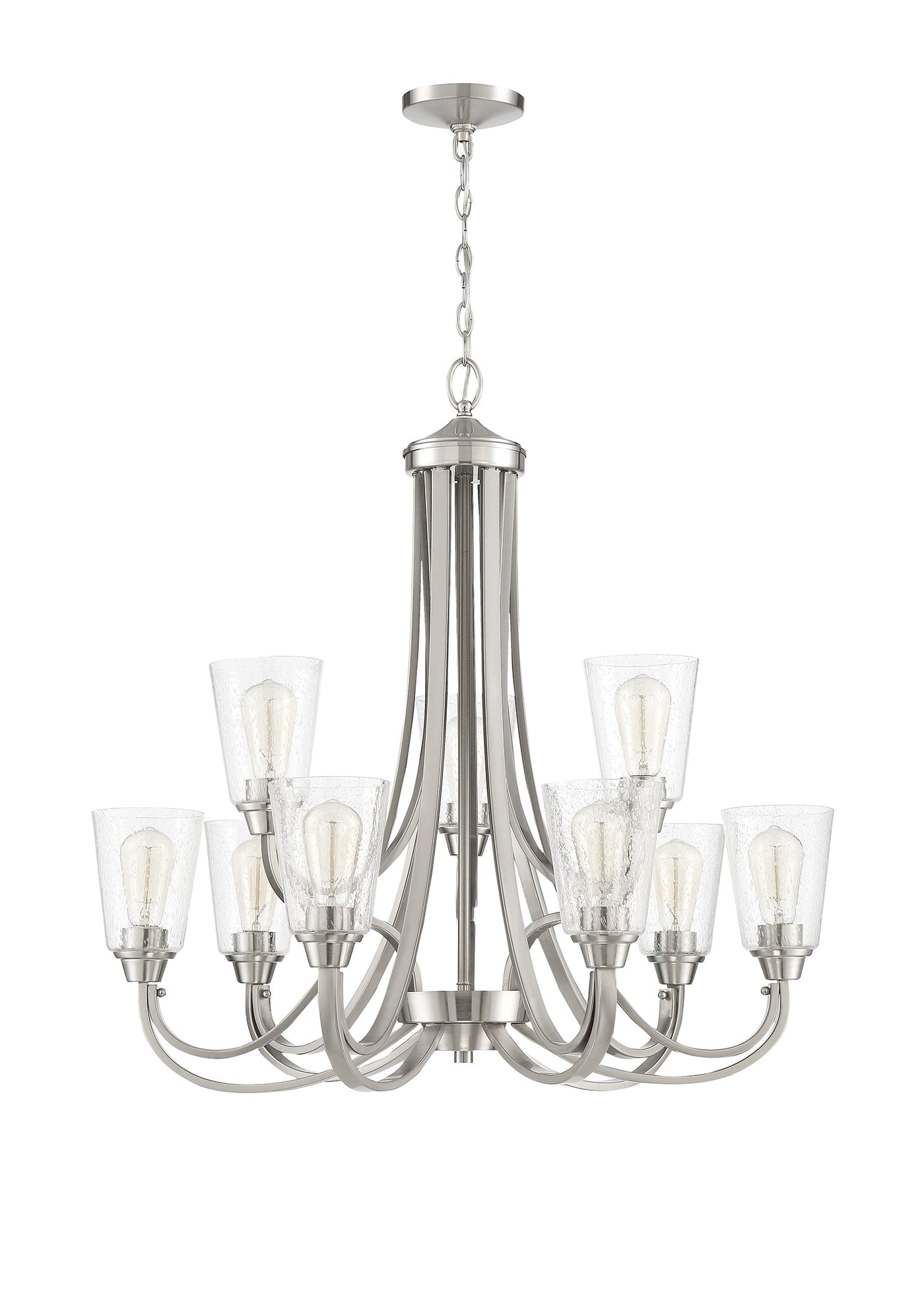 ##Antique Hardware## Grace 9 Light Chandelier in Brushed Polished Nickel (Clear Seeded Glass)