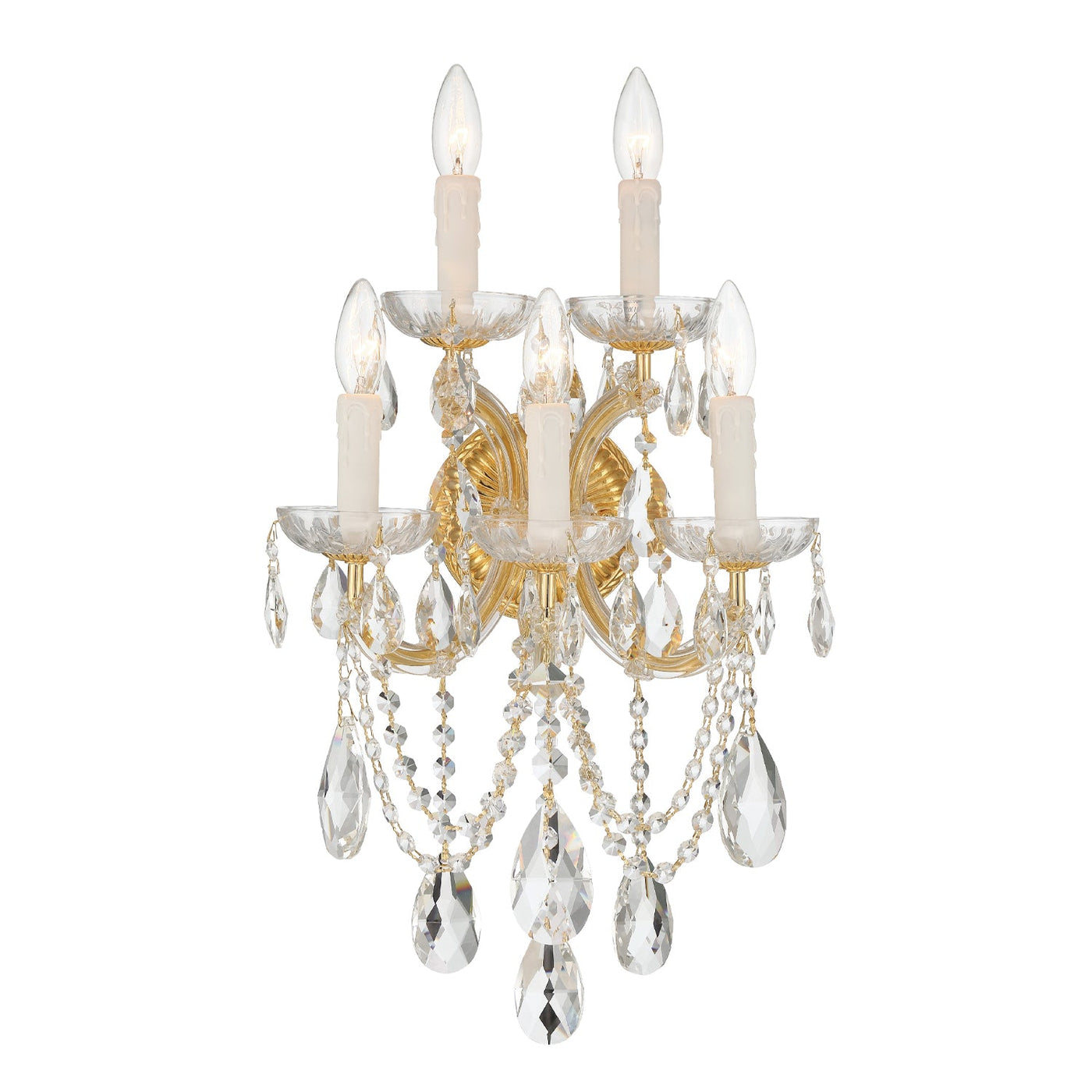 ##Antique Hardware## Maria Theresa 5 Light Spectra Crystal Gold Sconce