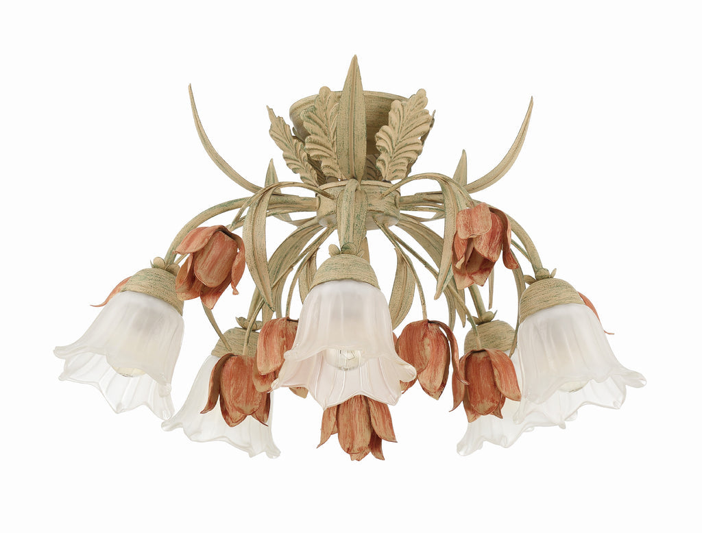 ##Antique Hardware## Southport 5 Light Sage Rose Floral Semi Flush Mount