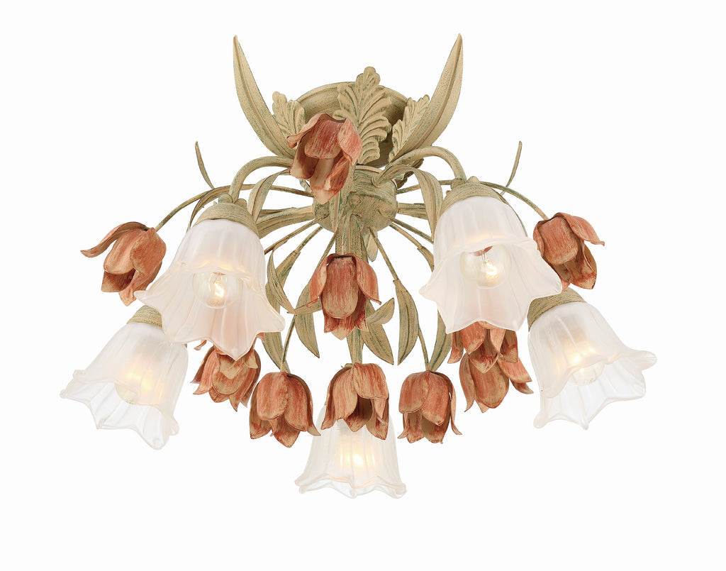 ##Antique Hardware## Southport 5 Light Sage Rose Floral Semi Flush Mount