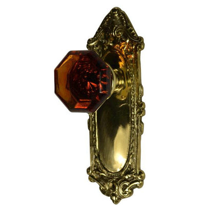 ##Antique Hardware## Ornate Victorian Long Backplate Door Set with Octagon Amber Glass Door Knobs (Several Finishes Available)