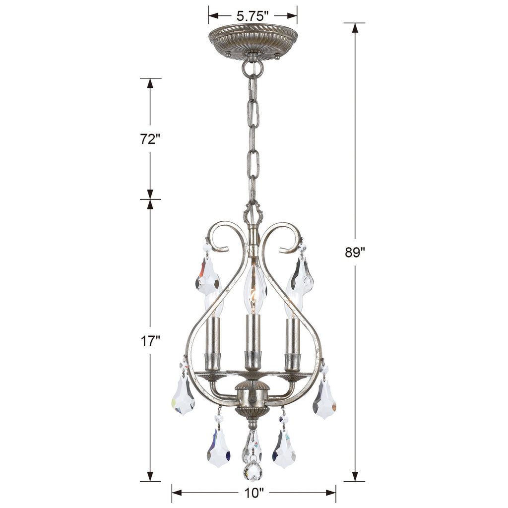 ##Antique Hardware## Ashton 3 Light Hand Cut Crystal Olde Silver Mini Chandelier