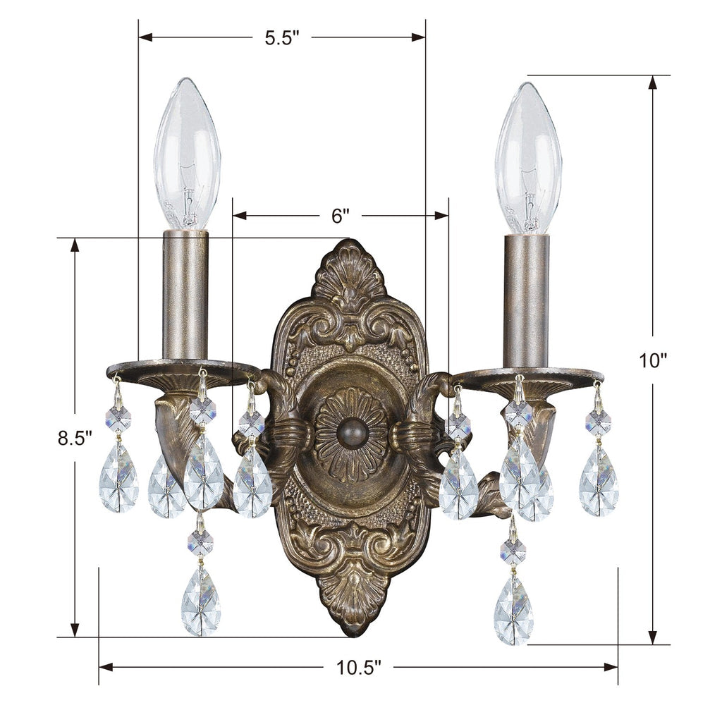 ##Antique Hardware## Paris Market 2 Light Swarovski Strass Crystal Venetian Bronze Sconce