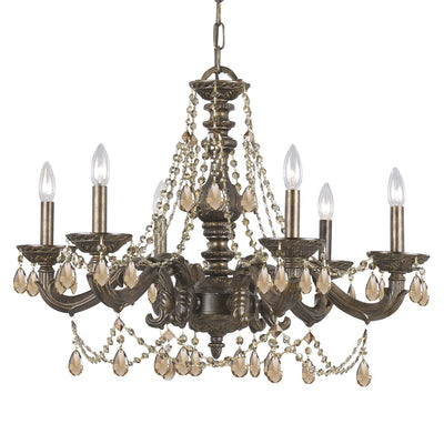 ##Antique Hardware## Paris Market 6 Light Golden Teak Hand Cut Crystal Venetian Bronze Chandelier