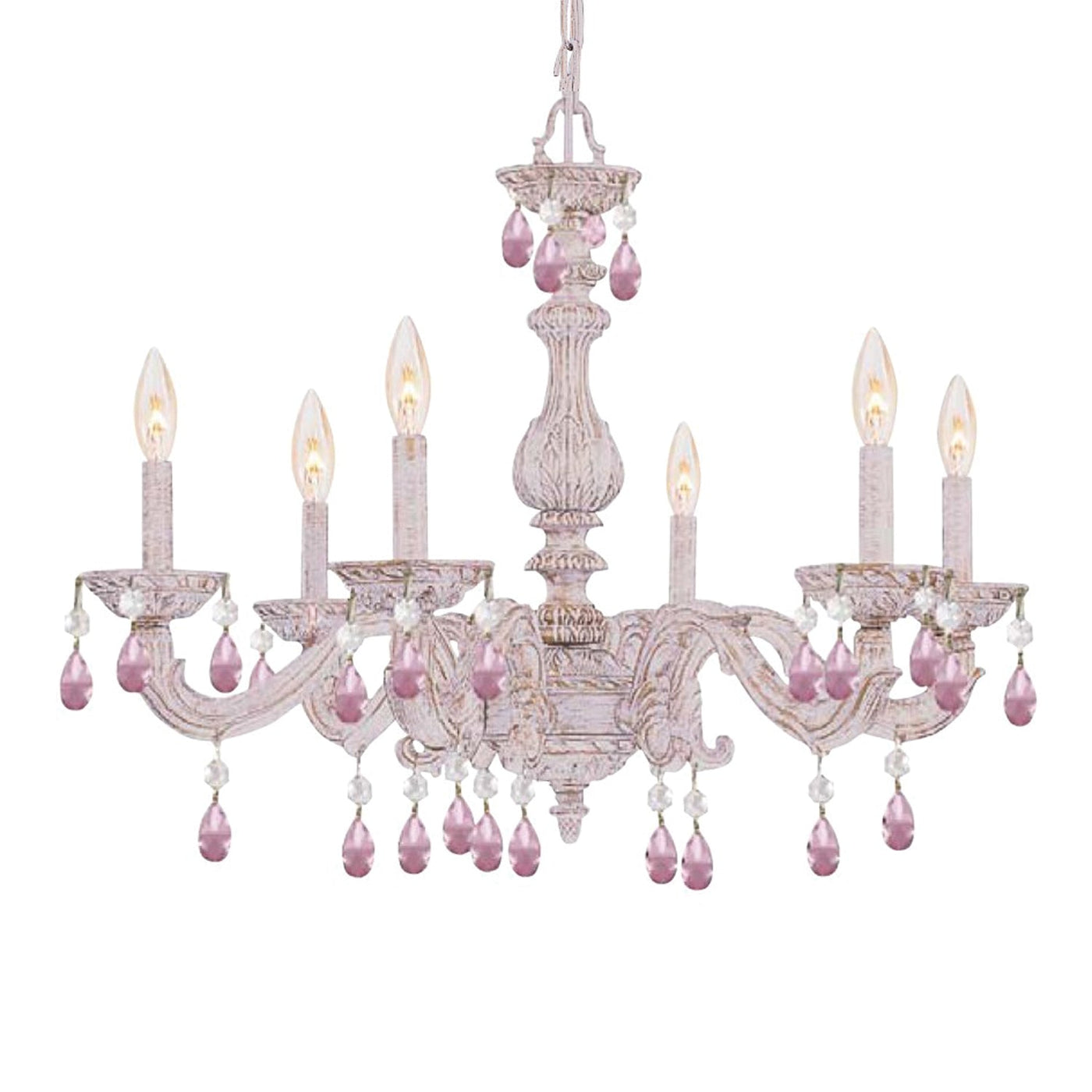 ##Antique Hardware## Paris Market 6 Light Rose Crystal Antique White Chandelier