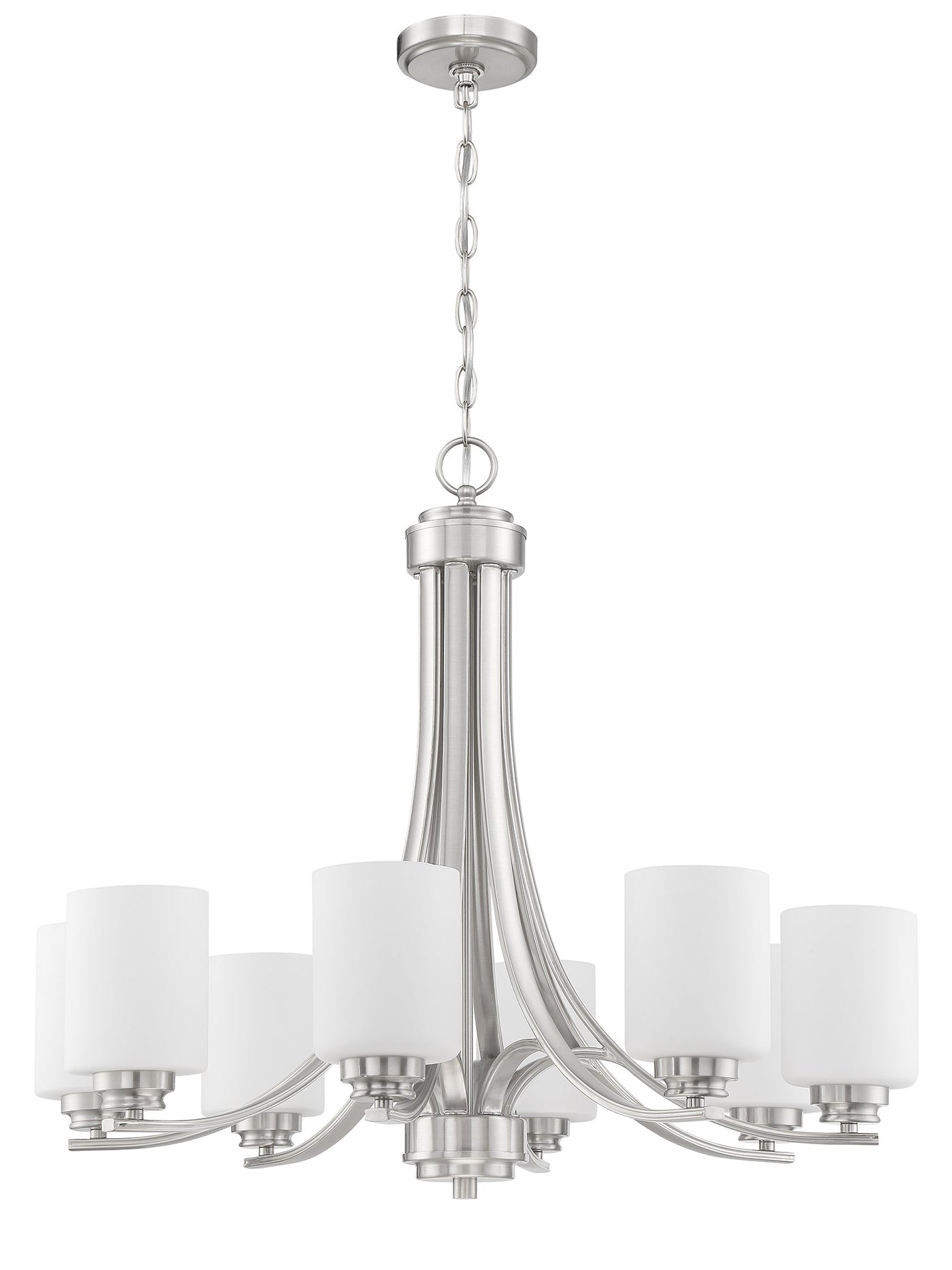 ##Antique Hardware## Bolden 8 Light Chandelier in Brushed Polished Nickel (White Glass)