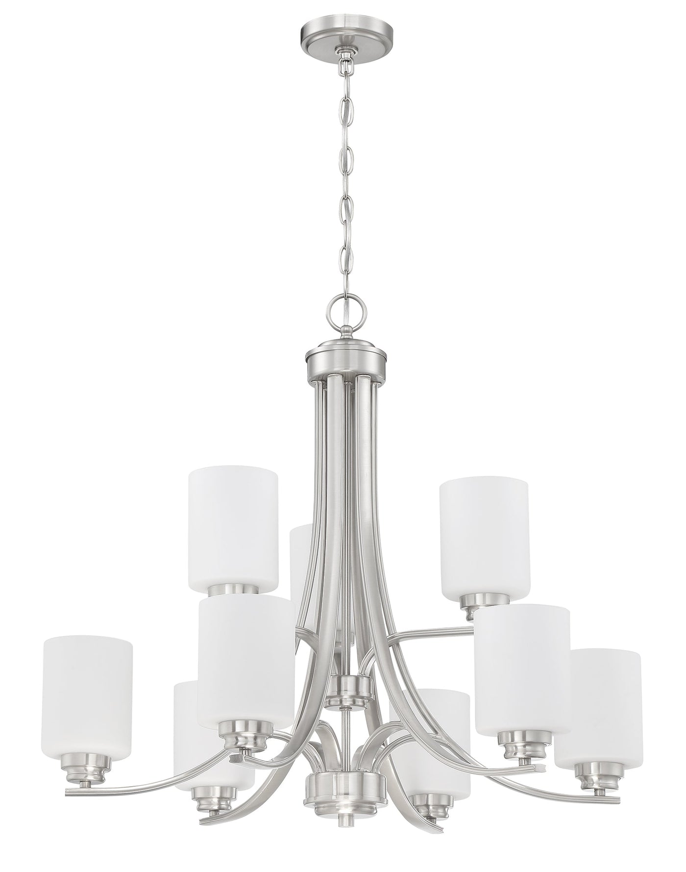 ##Antique Hardware## Bolden 9 Light Chandelier in Brushed Polished Nickel (White Glass)