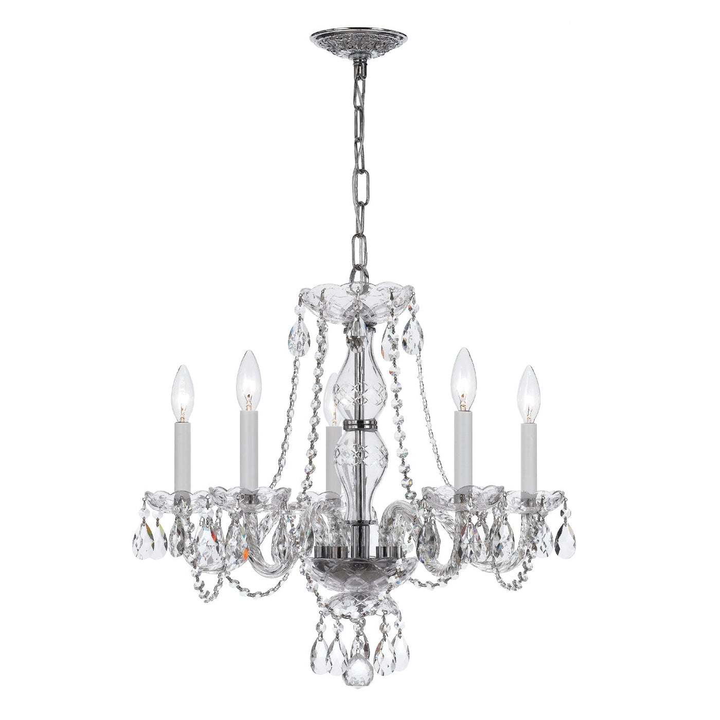 ##Antique Hardware## Traditional Crystal 5 Light Swarovski Strass Crystal Polished Chrome Chandelier