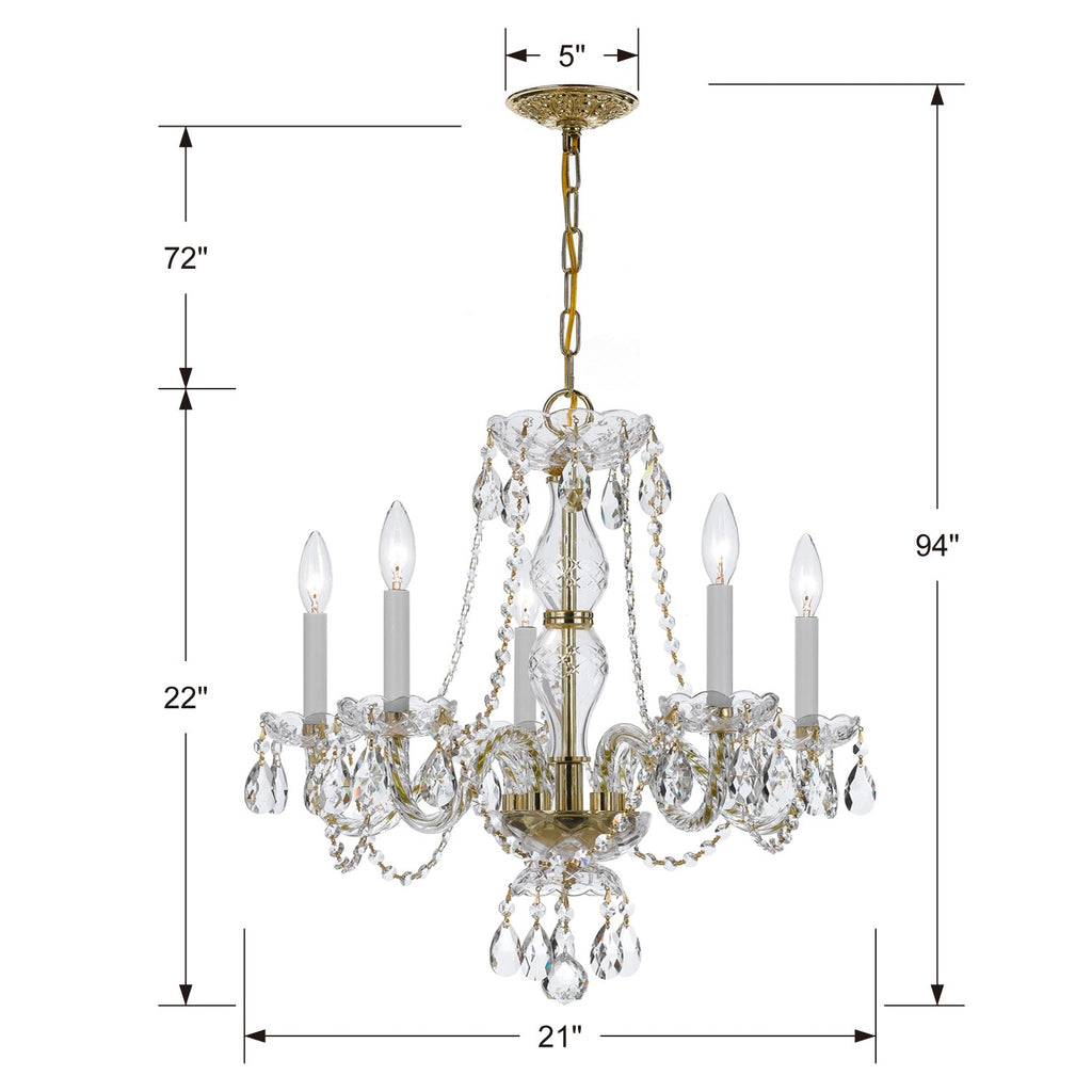 ##Antique Hardware## Traditional Crystal 5 Light Clear Crystal Polished Brass Chandelier