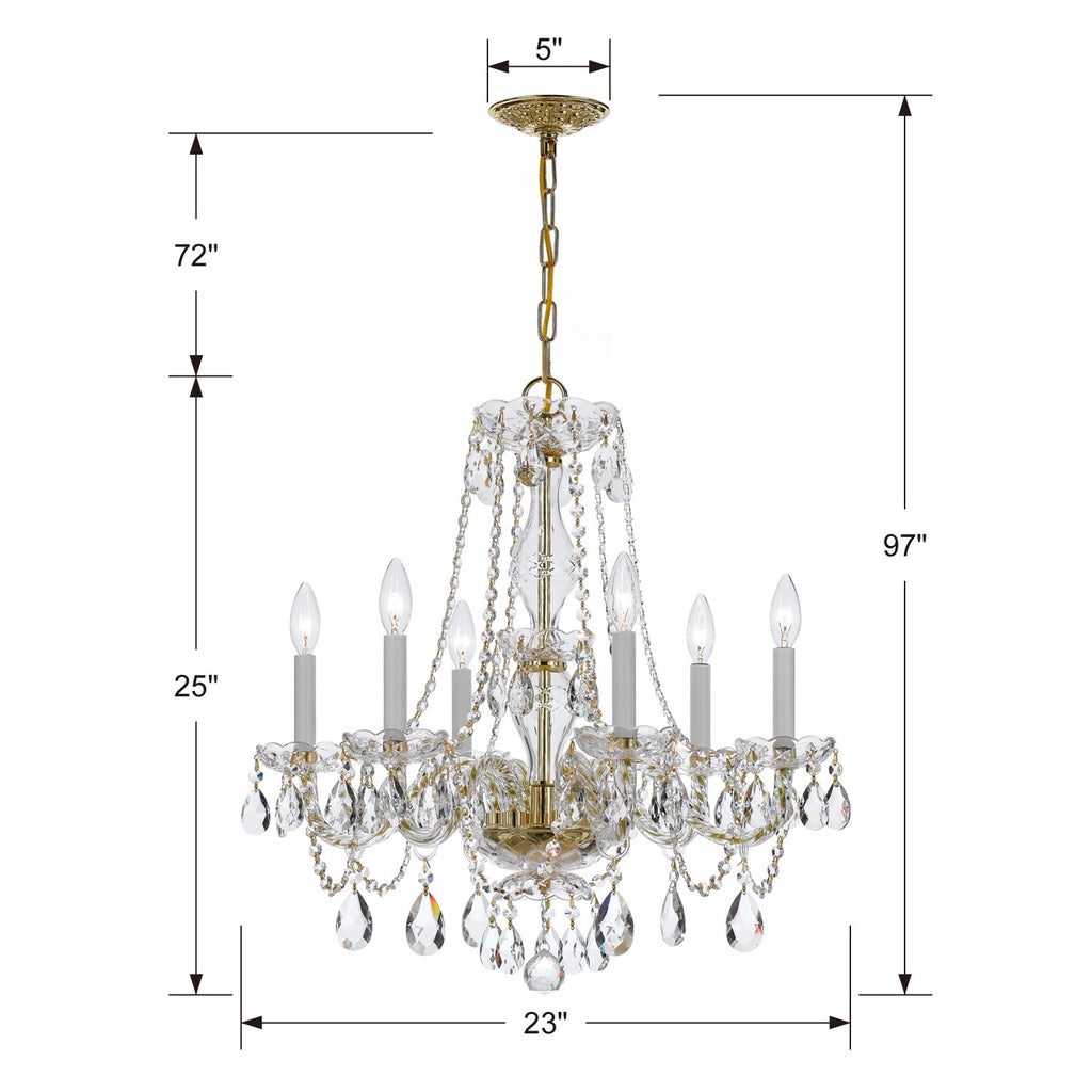 ##Antique Hardware## Traditional Crystal 6 Light Swarovski Strass Crystal Polished Brass Chandelier