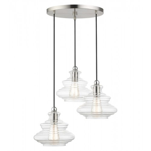 ##Antique Hardware## 3 Light Brushed Nickel Pendant Chandelier with Chrome Finish Accents