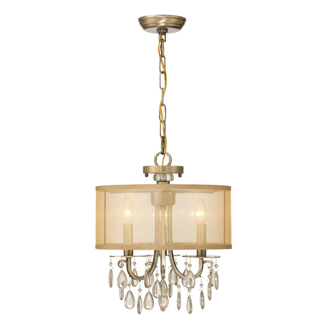 ##Antique Hardware## Hampton 3 Light Antique Brass Etruscan Crystal Drum Shade Mini Chandelier