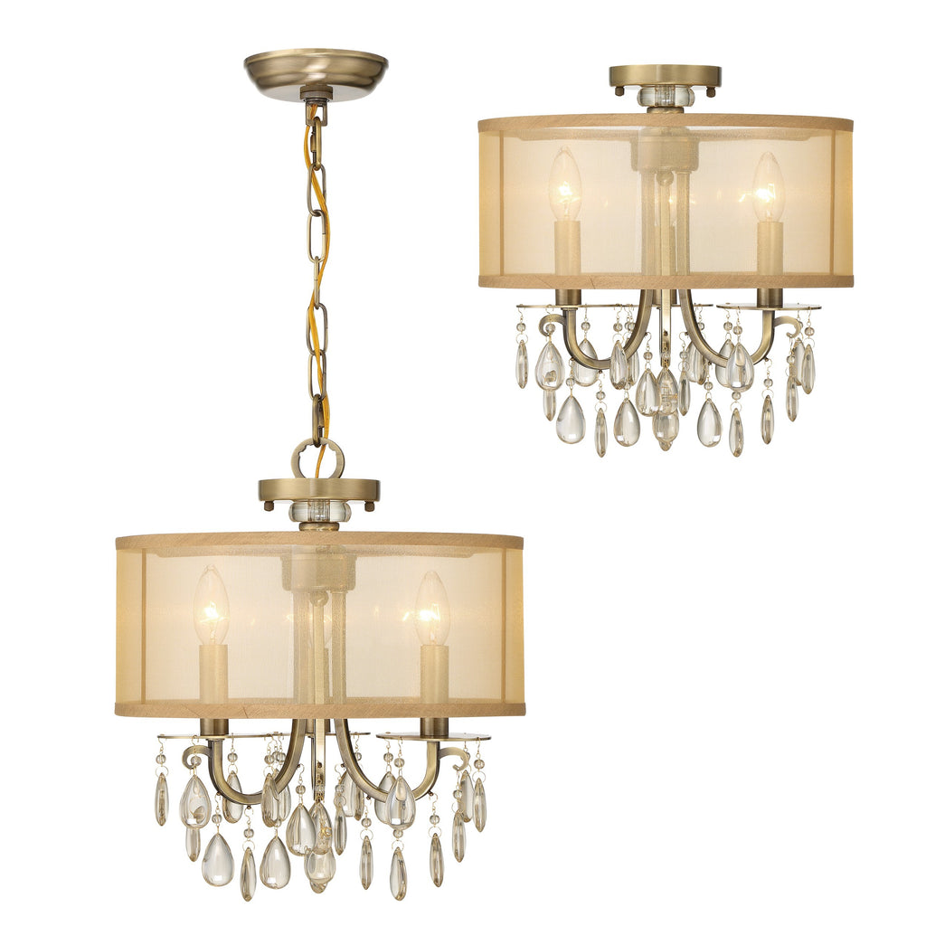 ##Antique Hardware## Hampton 3 Light Antique Brass Etruscan Crystal Drum Shade Mini Chandelier