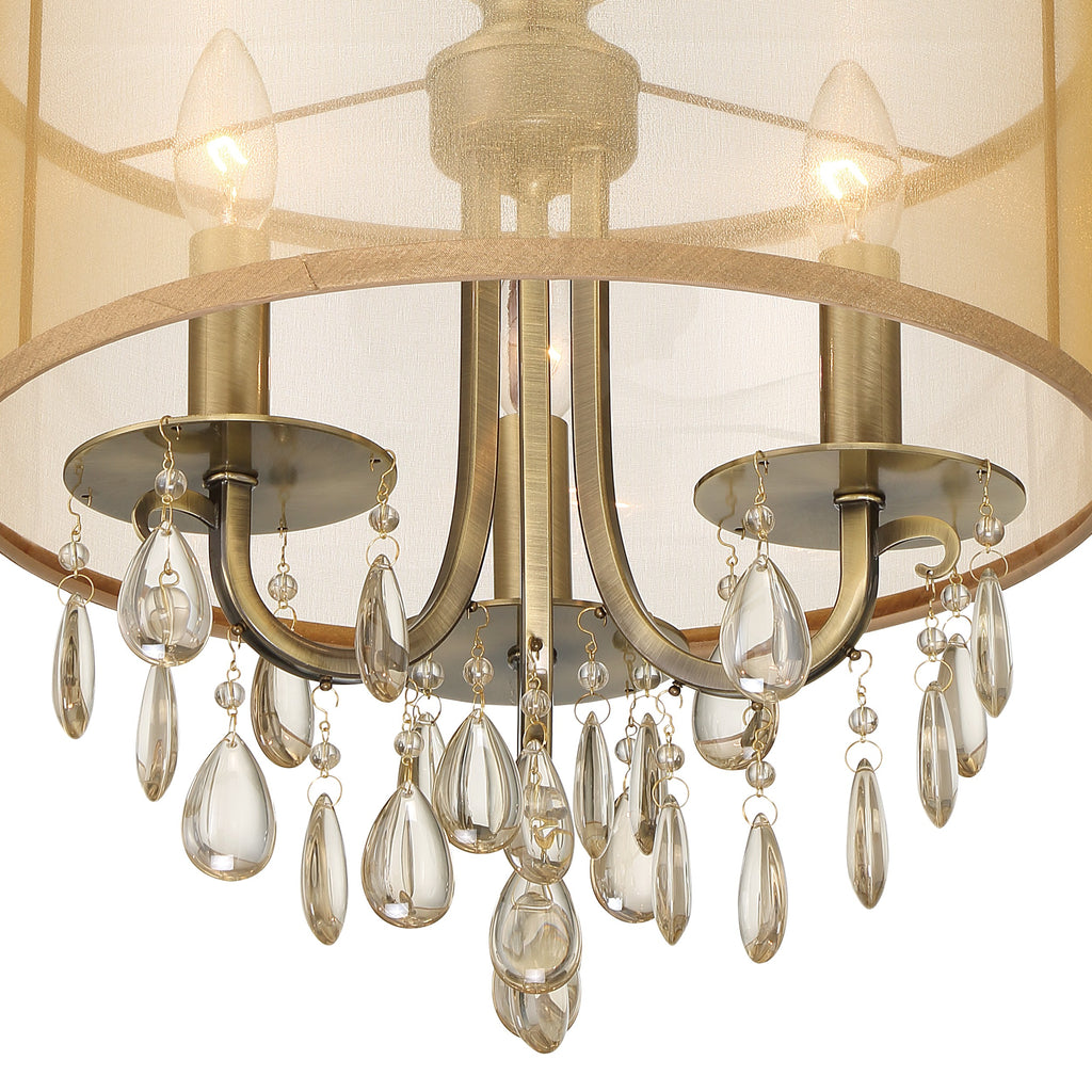 ##Antique Hardware## Hampton 3 Light Antique Brass Etruscan Crystal Drum Shade Mini Chandelier