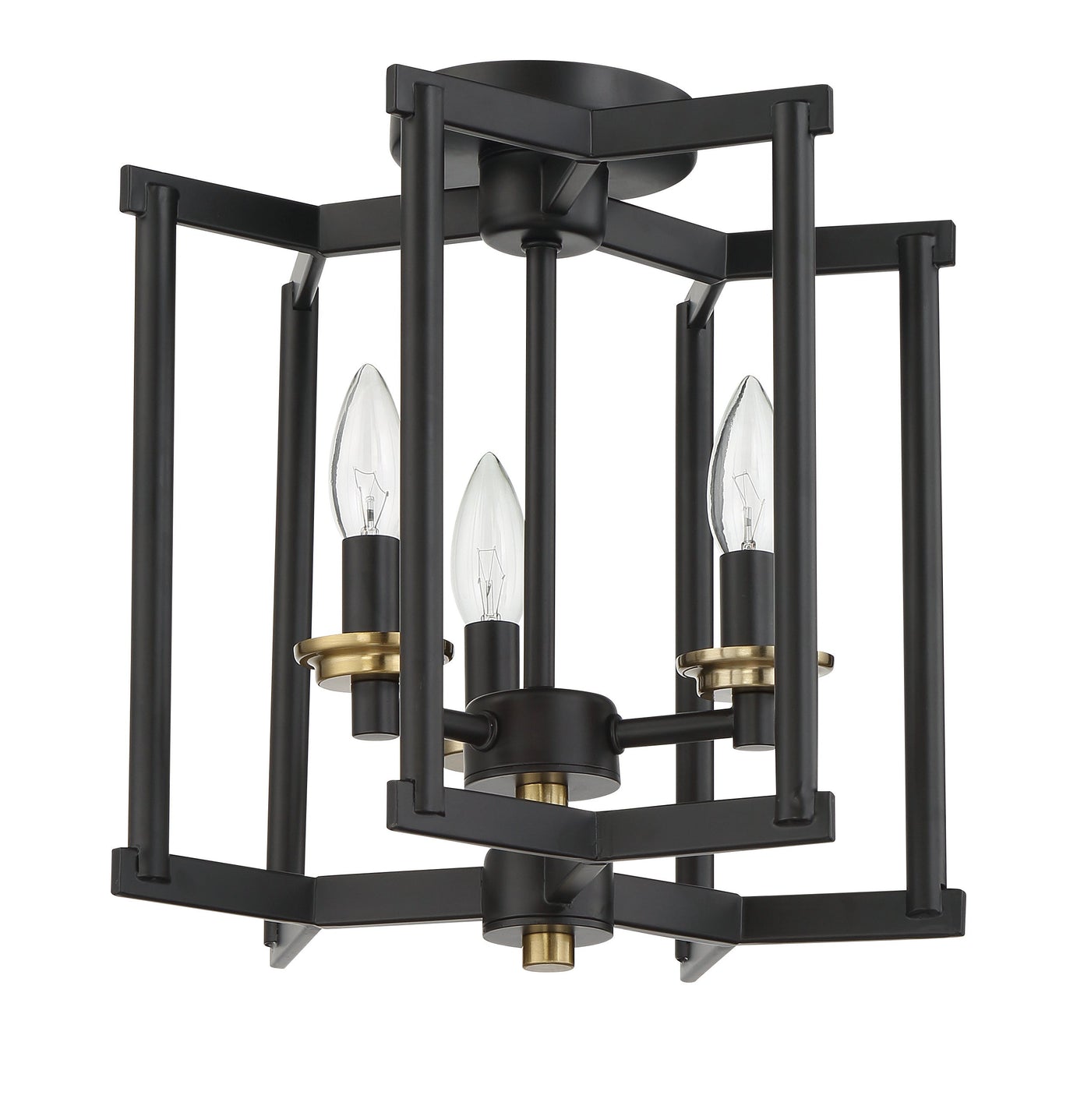 ##Antique Hardware## Avante Grand 3 Light Cage Convertible Semi Flush/Pendant in Flat Black/Satin Brass