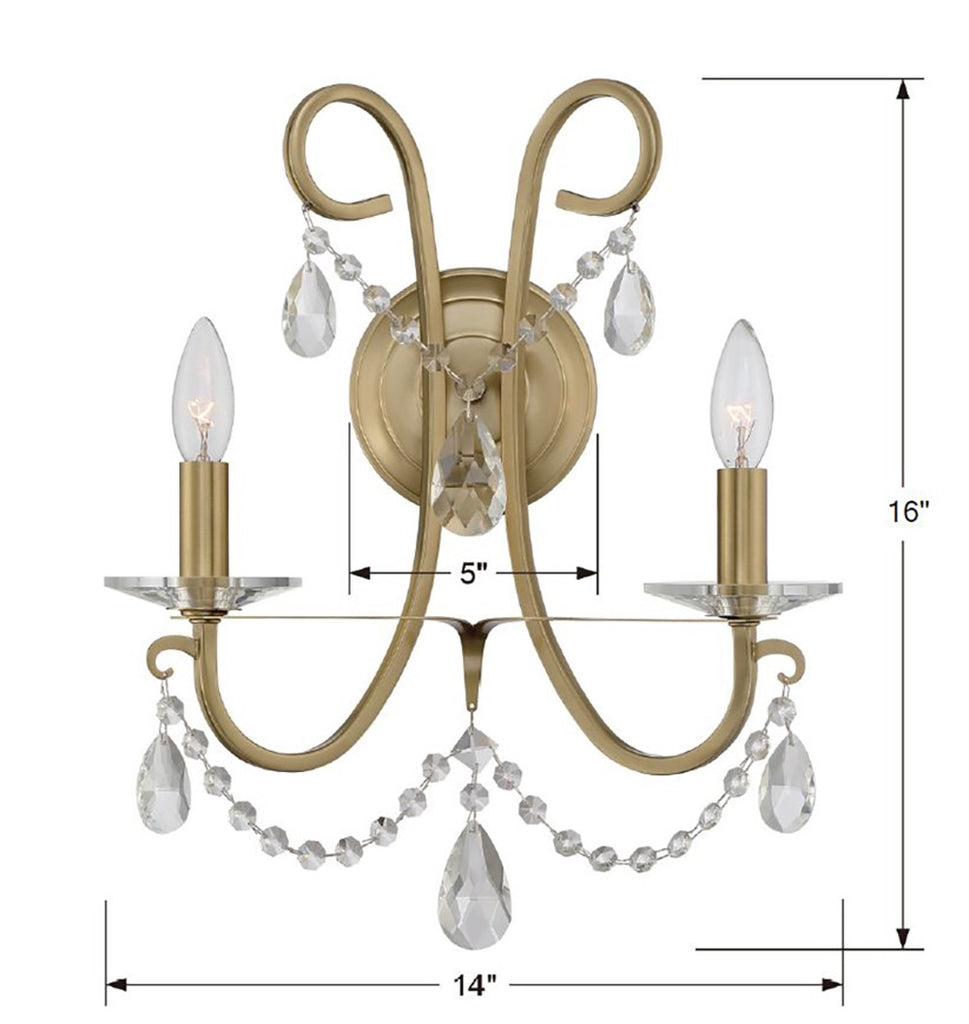 ##Antique Hardware## Othello 2 Light Swarovski Strass Crystal Vibrant Gold Sconce