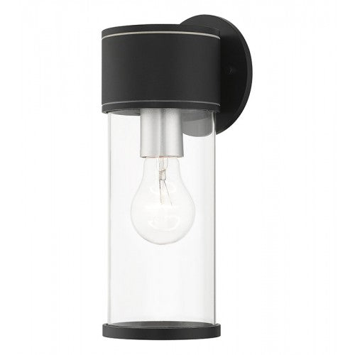 ##Antique Hardware## 1 Light Textured Black Outdoor Medium Wall Lantern with Antique Silver Finish Accents