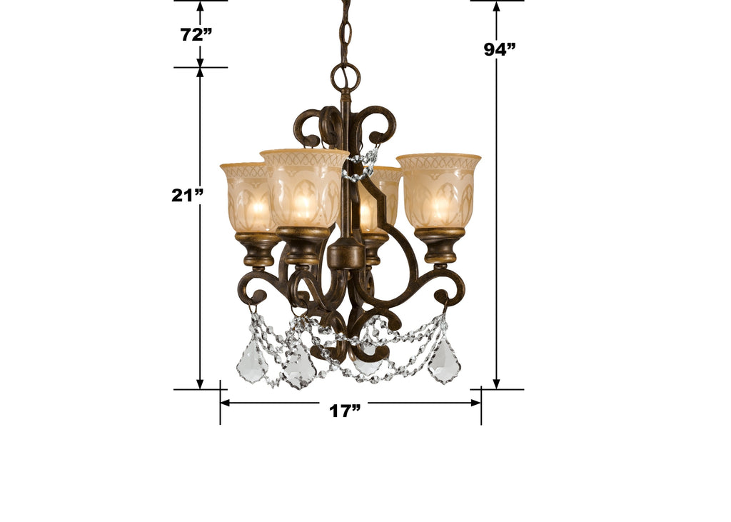 ##Antique Hardware## Norwalk 4 Light Clear Crystal Bronze Umber Mini Chandelier