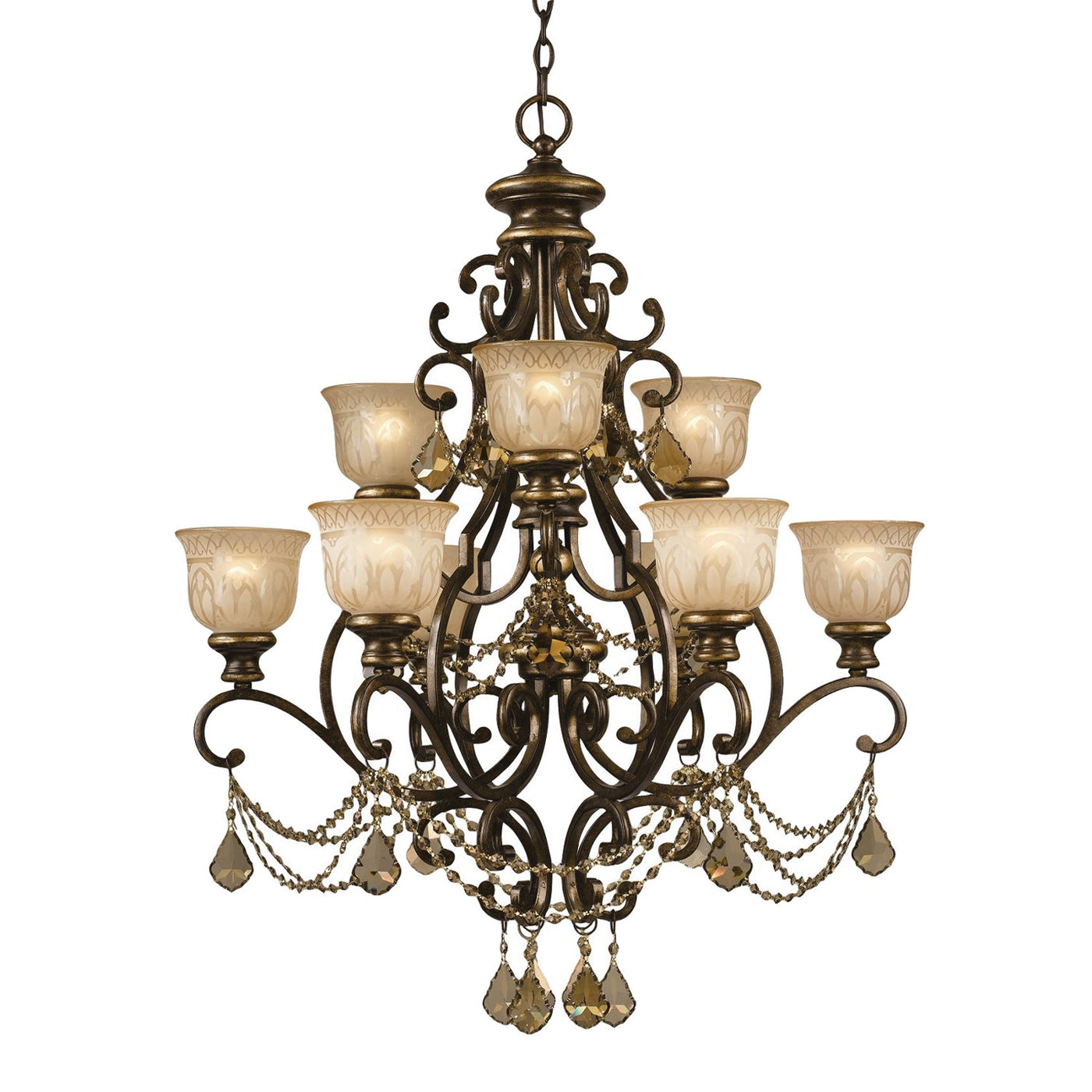 ##Antique Hardware## Norwalk 9 Light Golden Teak Hand Cut Crystal Bronze Umber Chandelier