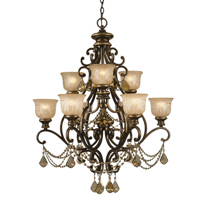 ##Antique Hardware## Norwalk 9 Light Golden Teak Hand Cut Crystal Bronze Umber Chandelier