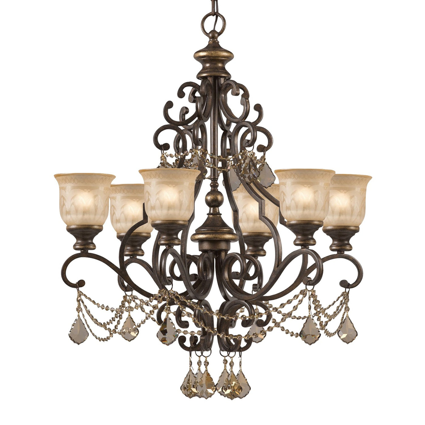 ##Antique Hardware## Norwalk 6 Light Golden Teak Swarovski Strass Crystal Bronze Umber Chandelier