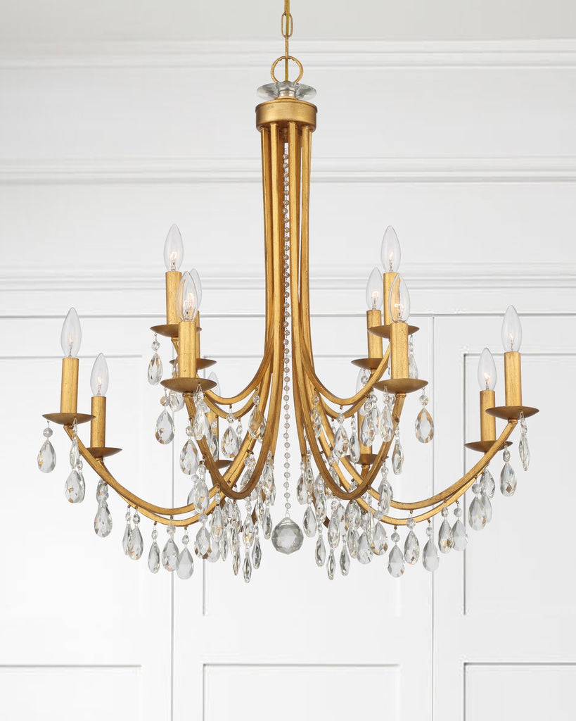 ##Antique Hardware## Bridgehampton 12 Light Hand Cut Crystal Antique Gold Chandelier