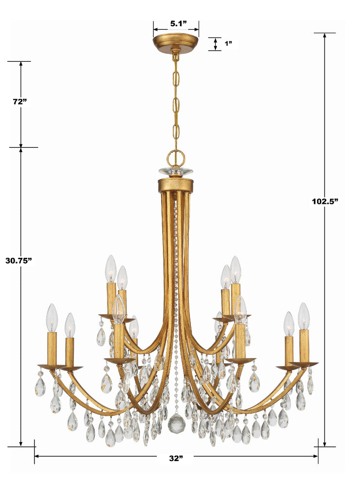 ##Antique Hardware## Bridgehampton 12 Light Hand Cut Crystal Antique Gold Chandelier