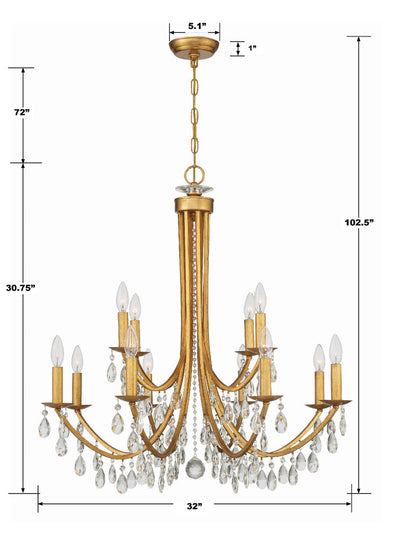 ##Antique Hardware## Bridgehampton 12 Light Hand Cut Crystal Antique Gold Chandelier