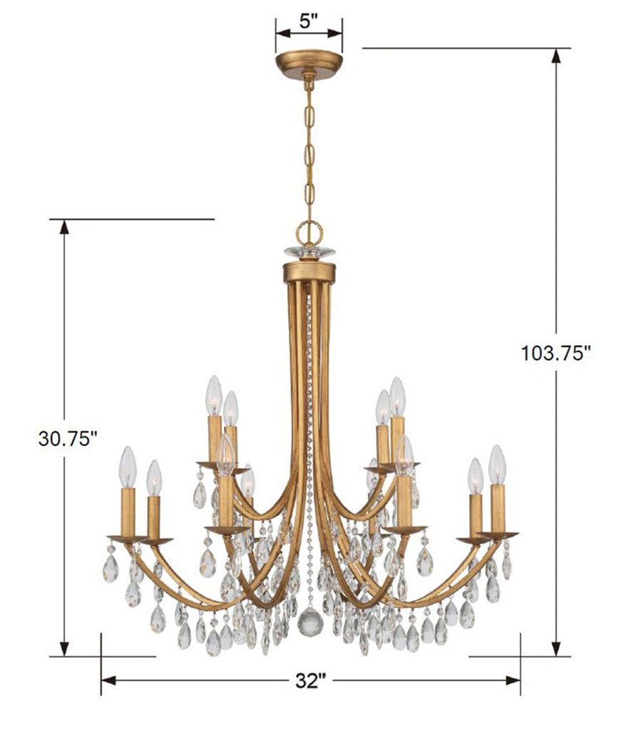 ##Antique Hardware## Bridgehampton 12 Light Spectra Crystal Antique Gold Chandelier