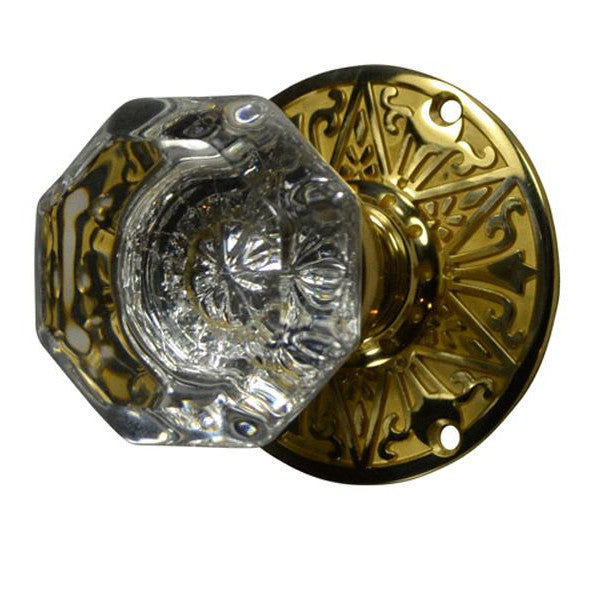 Antique Hardware Crystal Octagon Door Knob Set with Solid Brass Eastlake Rosettes (Several Finishes Available) GLASS DOOR KNOB INTERIOR