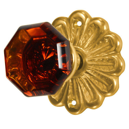 Maltesia Flower Rosette Door Set with Octagon Amber Glass Door Knobs (Several Finishes Available)