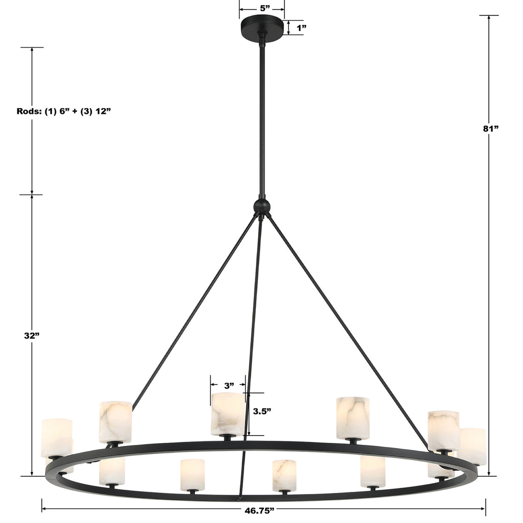 ##Antique Hardware## Aragon 12 Light Matte Black Chandelier