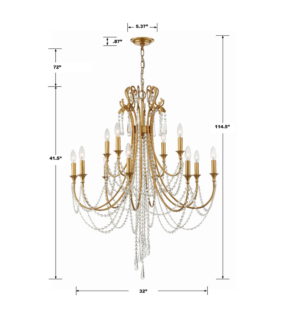 ##Antique Hardware## Arcadia 12 Light Antique Gold Chandelier