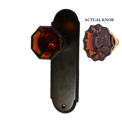 ##Antique Hardware## Arched Beaded Backplate Door Set with Fluted Amber Glass Door Knobs (Several Finishes Available)