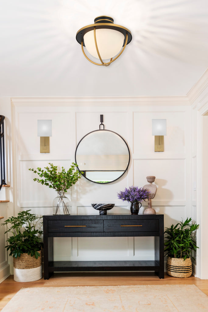 ##Antique Hardware## Atlas 2 Light Matte Black + Textured Gold Outdoor Semi Flush Mount