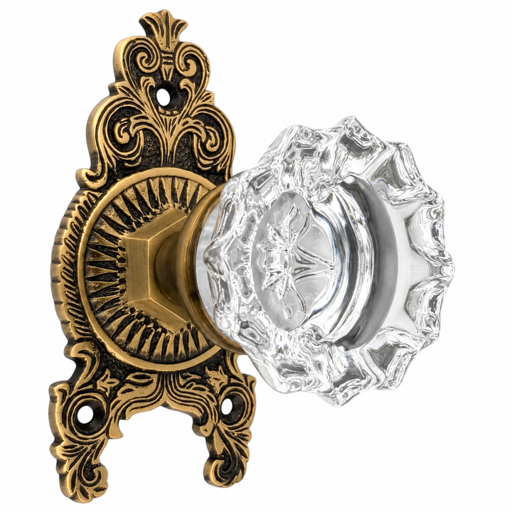 Ornate Victorian Rosette Door Set with Crystal Fluted Door Knobs (Several Finishes Available)
