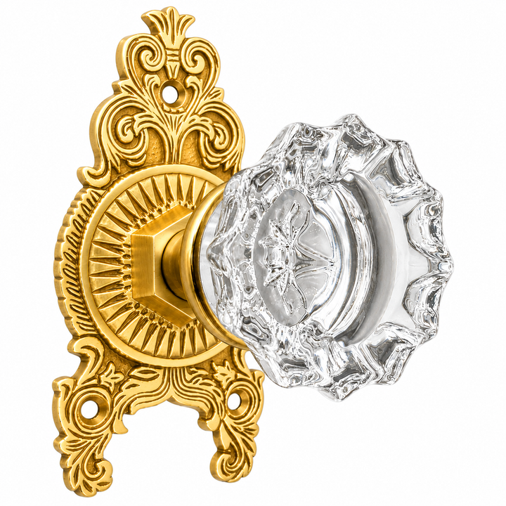 Ornate Victorian Rosette Door Set with Crystal Fluted Door Knobs (Several Finishes Available)