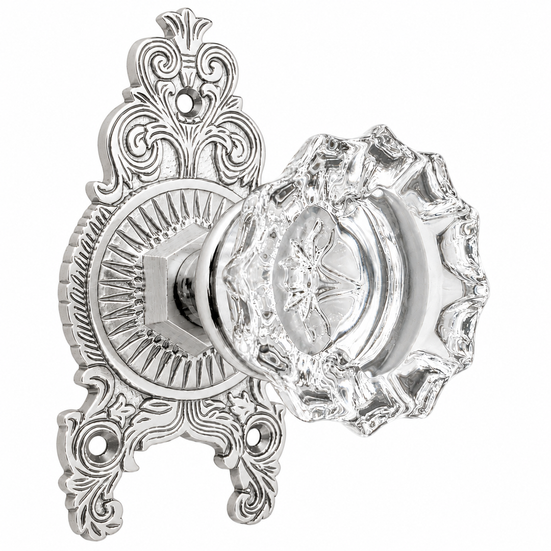 Ornate Victorian Rosette Door Set with Crystal Fluted Door Knobs (Several Finishes Available)