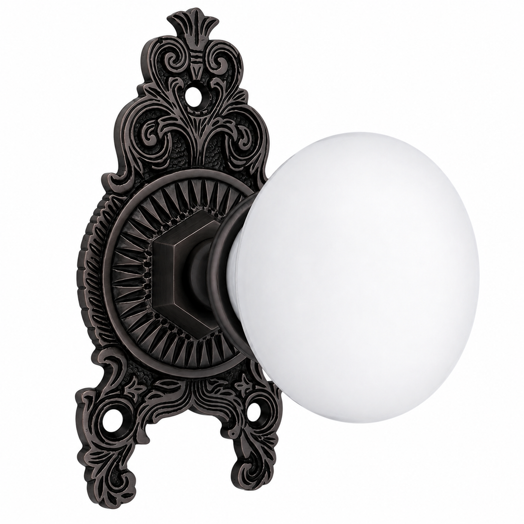 Ornate Victorian Rosette Door Set with White Porcelain Door Knobs (Several Finishes Available)