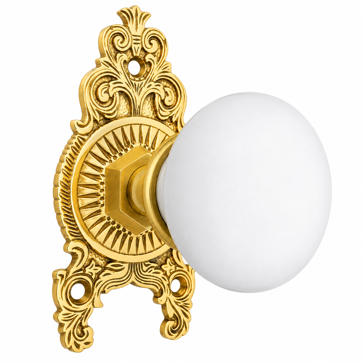 Ornate Victorian Rosette Door Set with White Porcelain Door Knobs (Several Finishes Available)