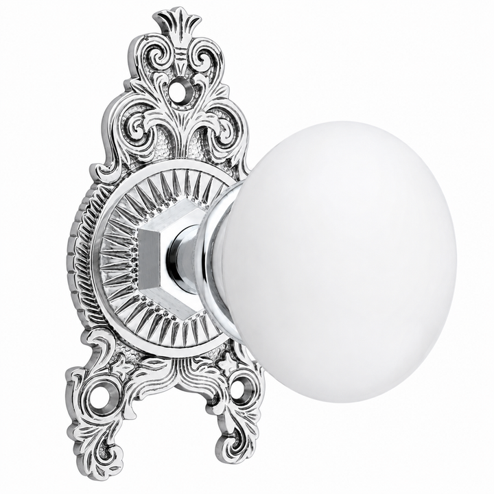 Ornate Victorian Rosette Door Set with White Porcelain Door Knobs (Several Finishes Available)