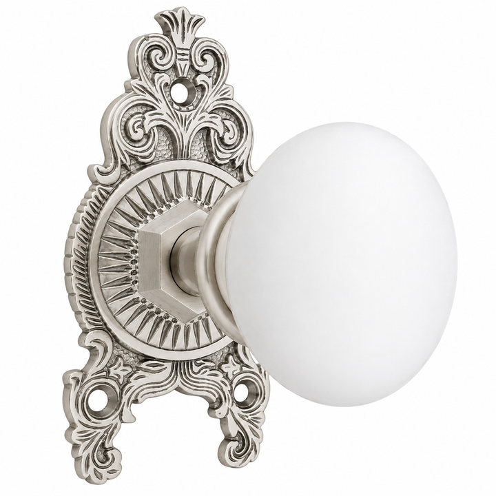 Ornate Victorian Rosette Door Set with White Porcelain Door Knobs (Several Finishes Available)
